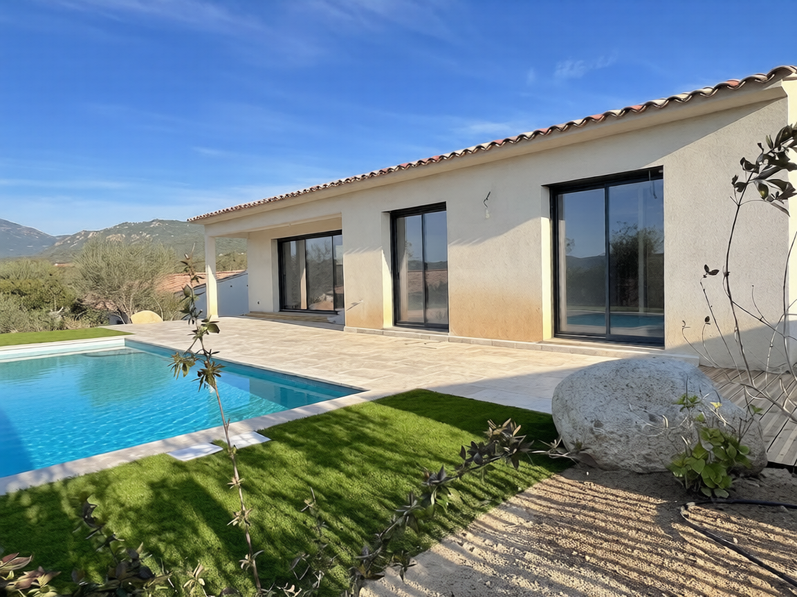 Ste Lucie de porto-Vecchio, à moins de 2 min. de la plage de Fautéa: VILLA T-4 NEUVE avec NIVEAU GARAGE + PISCINE 8x4 sur terrain clos et aménagé.